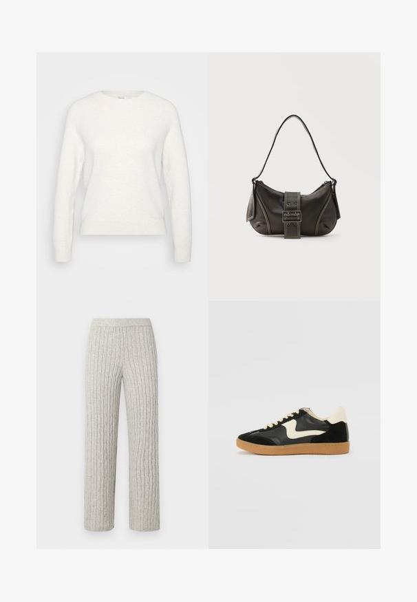 Weißer langärmliger Pullover mit Rundhalsausschnitt, gerippten Bündchen und Saum, auf einem schlichten hellgrauen Hintergrund präsentiert.; GAP Petite CABLE PANT - Stoffhose - grey; Schwarze Wildleder- und Leder-Sneaker mit einem cremefarbenen Seiten-Swoosh und einer hellcremefarbenen Ferse. Ausgestattet mit beige Schnürsenkeln und einer Gummilaufsohle.; Schwarze Leder-Schultertasche mit Schnallengurt-Detail, abgerundeten Kanten und kontrastierenden weißen Nähten auf schlichtem Hintergrund.