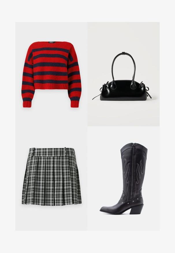 Pull crop rayé rouge et navy avec un ourlet côtelé et des manches longues, fabriqué en matière tricot douce. L'étiquette indique "ONLY."; Jupe plissée à carreaux noir et blanc avec une taille lisse et de multiples plis verticaux. Fabriquée en tissu léger.; Bottes de cow-boy en cuir noir avec bout pointu, coutures apparentes, ornements à clous argentés et fermeture éclair sur le côté intérieur.; Petit sac à main noir brillant avec deux longues anses et des détails à cordon sur les côtés sur un fond clair uni.