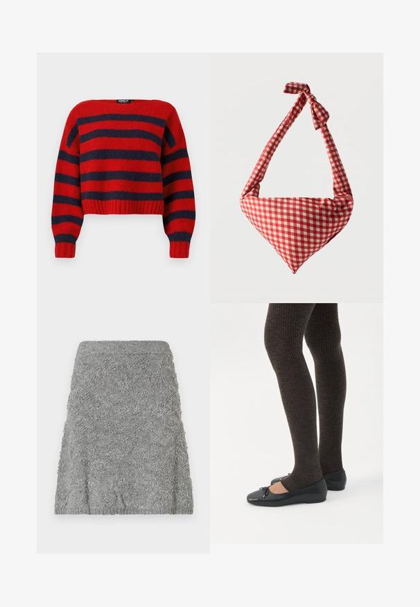 Rød og marineblå stribet cropped sweater med ribbet kant og lange ærmer, lavet af blødt strikmateriale. Mærket hævder "ONLY."; Grå strikket nederdel med en tekstureret overflade, der har et boble mønster. Båndet i livet er ribbet, og det overordnede design er tætsiddende og udvidet.; Ben iført mørke ribbede leggings kombineret med sorte balletsko med små sløjfedetaljer på hvid baggrund.; Blød stofskuldertaske med rødt og hvidt ternet mønster, håndtag med bundet knude og trekantet form mod en ensfarvet baggrund.