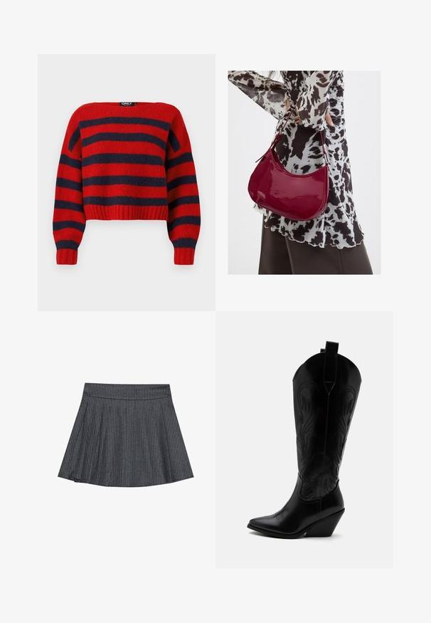 Pull crop rayé rouge et navy avec un ourlet côtelé et des manches longues, fabriqué en matière tricot douce. L'étiquette indique "ONLY."; Jupe patineuse grise à rayures générales avec une taille ajustée, en forme évasée A et texture de tissu douce. Les lignes verticales renforcent l'intérêt visuel.; Botte de cowboy en cuir noir avec bout pointu, talon bloc incliné, couture décorative et languettes en haut sur fond blanc.; Femme portant un chemisier à motif noir et blanc tenant un sac à main rouge brillant sur un fond uni.