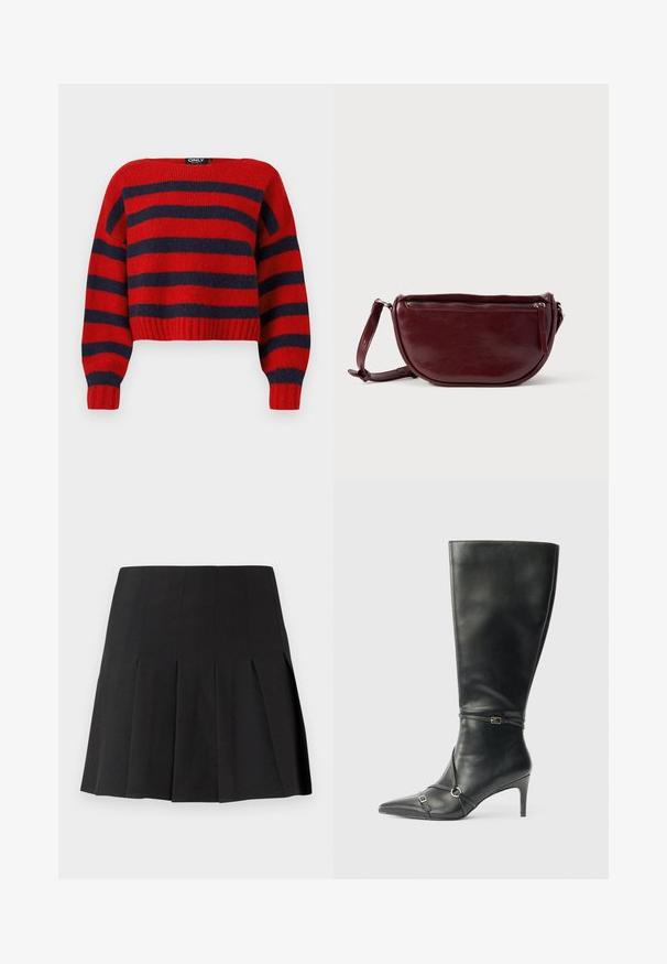 Pull crop rayé rouge et navy avec un ourlet côtelé et des manches longues, fabriqué en matière tricot douce. L'étiquette indique "ONLY."; Mini-jupe plissée noire en tissu léger. Elle présente une ceinture ajustée et des plis aiguille nets pour un look structuré.; Bottes noires en cuir montant jusqu'au genou, avec un talon fin, un bout pointu et des détails de lanière à la cheville. Texture lisse et design ajusté.; Sac à main en cuir marron foncé avec une forme en demi-lune, une fermeture éclair et une bandoulière amovible. Texture lisse avec un léger éclat.