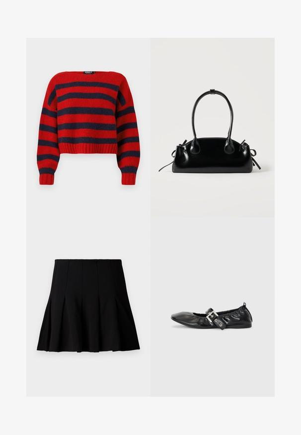 Rød og marineblå stribet cropped sweater med ribbet kant og lange ærmer, lavet af blødt strikmateriale. Mærket hævder "ONLY."; Sort kort plisseret nederdel lavet af et glat stof. Har en elastisk talje og en flagrende silhuet, der når til midten af låret.; Sorte læder flade sko med spids tå, samling detaljer omkring åbningen, og en sølv spænde accent på den justerbare rem.; Lille sort blank håndtaske med to lange håndtag og snøre-detaljer i siden på en ensfarvet lys baggrund.