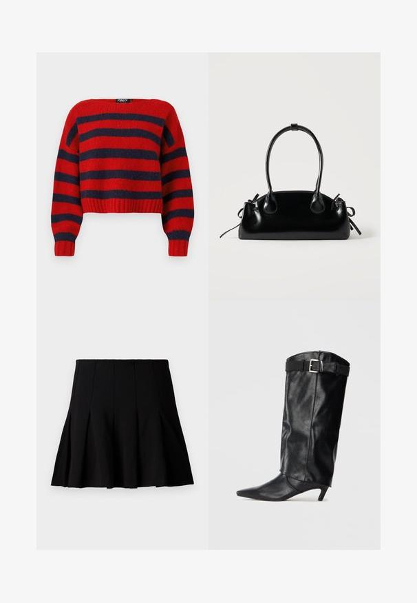 Pull crop rayé rouge et navy avec un ourlet côtelé et des manches longues, fabriqué en matière tricot douce. L'étiquette indique "ONLY."; Jupe noire courte plissée en tissu lisse. Dispose d'une taille élastique et d'une silhouette évasée qui s'étend jusqu'au milieu de la cuisse.; Botte noire en cuir, montante jusqu'au genou, avec un bout pointu et un petit talon. Présente une ceinture en haut avec une boucle en métal argenté. Texture lisse.; Petit sac à main noir brillant avec deux longues anses et des détails à cordon sur les côtés sur un fond clair uni.