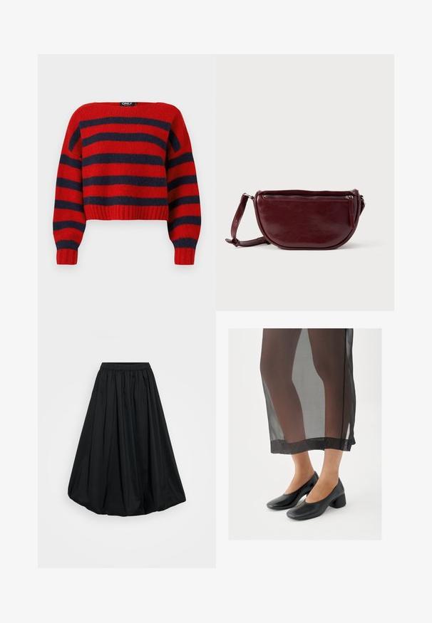 Rød og marineblå stribet cropped sweater med ribbet kant og lange ærmer, lavet af blødt strikmateriale. Mærket hævder "ONLY."; Sort, ankel-langt nederdel lavet af letvægtsstof med elastisk talje og samlet design, der har en glat tekstur og voluminøs form.; Sorte sko med blokhæle og glat læderfinish, båret med et gennemsigtigt sort skørt med en ren kant og minimalistisk design.; Vinrød læderhåndtaske med halvmåneform, lynlås og aftagelig rem. Glat tekstur med en subtil glans.