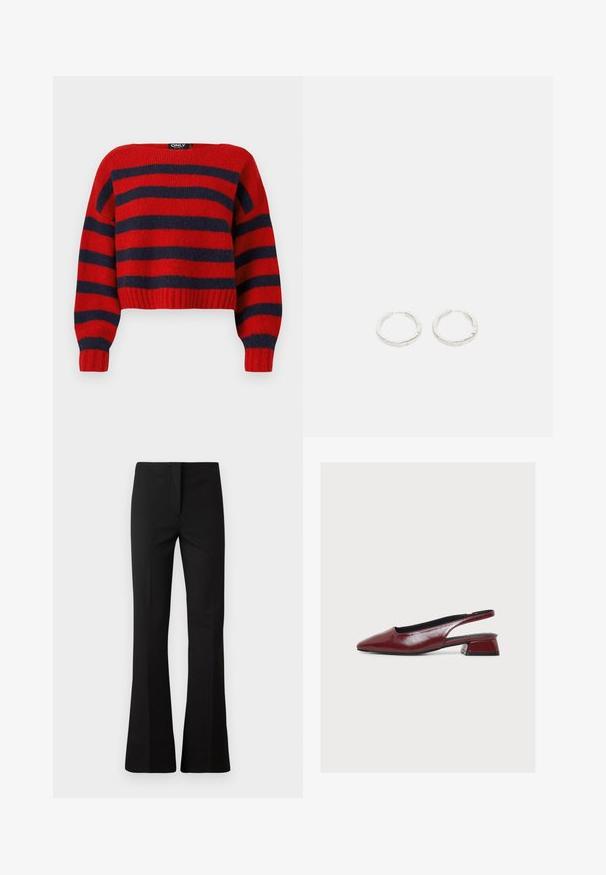 Rød og marineblå stribet cropped sweater med ribbet kant og lange ærmer, lavet af blødt strikmateriale. Mærket hævder "ONLY."; Sorte flagrende bukser lavet af et glat stof. Har en skræddersyet pasform, frontfold og en skjult lynlås til lukning.; Bordeauxrød læder slingback-sko med spids tå og lav blokhæl, vist fra siden på hvid baggrund.; Et par sølv hoopsøreringe med subtile graveringer, placeret på en ensfarvet hvid baggrund.