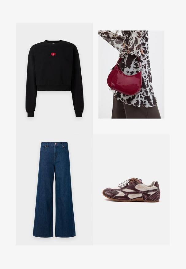 Sort cropped sweatshirt med lange ærmer, ribbede manchetter og et rødt hjerteapplikation med teksten "LOVE YOU CLUB" på brystet.; Blå, vidde denim jeans med frontlukning med knap, bæltestropper og fem-lommers design på en hvid baggrund.; Casual lav sko sneaker i bordeaux og hvid med brun sål, med hvide og brune snørebånd og et moderne, sporty design.; Kvinde iført en sort- og hvidmønstret bluse, der holder en blank rød skuldertaske mod en ensfarvet baggrund.