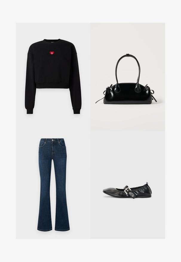 Sweat-shirt noir court à manches longues, avec des poignets côtelés et un patch en forme de cœur rouge portant le texte "LOVE YOU CLUB" sur la poitrine.; Jean en denim bleu foncé avec une taille mi-haute, style cinq poches et jambes évasées, présenté à plat sur un fond blanc.; Chaussure plate en cuir noir avec un nez pointu, des détails froncés autour de l'ouverture et un accent en boucle argentée sur la bride ajustable.; Petit sac à main noir brillant avec deux longues anses et des détails à cordon sur les côtés sur un fond clair uni.