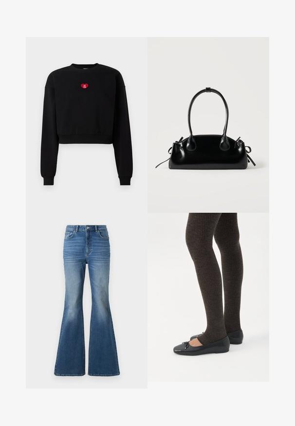 Sweat-shirt noir court à manches longues, avec des poignets côtelés et un patch en forme de cœur rouge portant le texte "LOVE YOU CLUB" sur la poitrine.; Jean en denim bleu taille haute, évasés, avec un effet délavé, comportant deux poches avant, une fermeture à bouton, et des détails cousus sur les coutures.; Jambes portant des leggings côtelés foncés associés à des ballerines noires avec de petits détails en nœud sur fond blanc.; Petit sac à main noir brillant avec deux longues anses et des détails à cordon sur les côtés sur un fond clair uni.