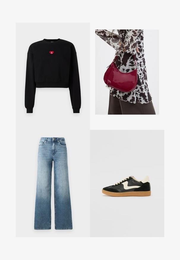 Sort cropped sweatshirt med lange ærmer, ribbede manchetter og et rødt hjerteapplikation med teksten "LOVE YOU CLUB" på brystet.; Vide ben jeans i lys blå vask, med høj talje, fem-lomme design og subtil falmen på stoffet. Klassisk metalknap lukning.; Sorte ruskinds- og lædersneakers med en cremefarvet side-swoosh og lys cremefarvet hæl. Har beige snørebånd og en gummirubber-sål.; Kvinde iført en sort- og hvidmønstret bluse, der holder en blank rød skuldertaske mod en ensfarvet baggrund.