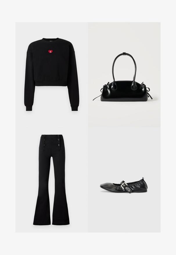 Sort cropped sweatshirt med lange ærmer, ribbede manchetter og et rødt hjerteapplikation med teksten "LOVE YOU CLUB" på brystet.; Sorte flagrende bukser lavet af denim med høj talje, der har fire dekorative knapper foran og en glat tekstur.; Sorte læder flade sko med spids tå, samling detaljer omkring åbningen, og en sølv spænde accent på den justerbare rem.; Lille sort blank håndtaske med to lange håndtag og snøre-detaljer i siden på en ensfarvet lys baggrund.