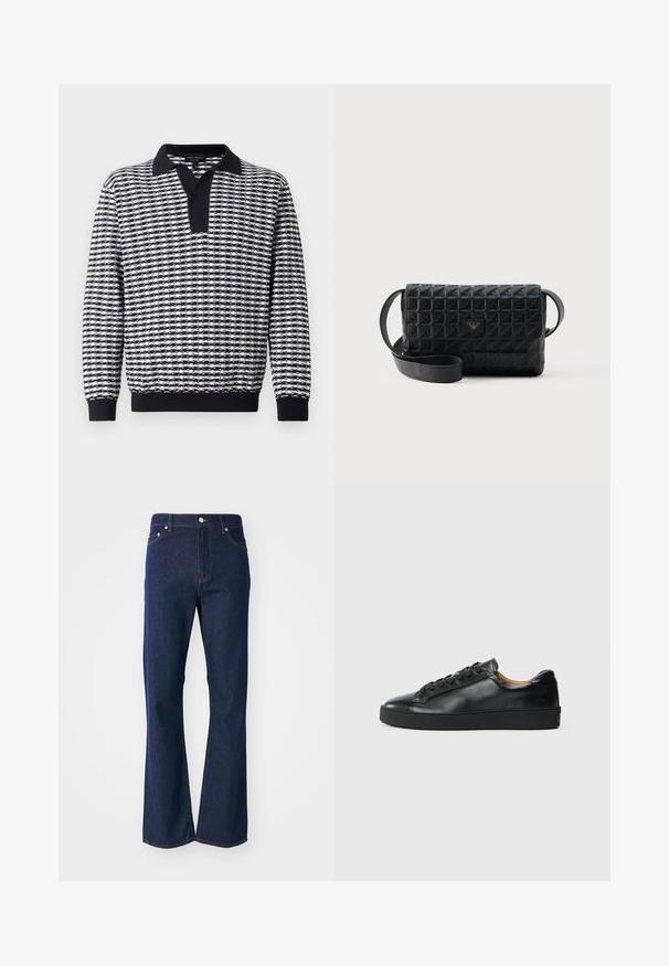 Suéter de manga larga con un patrón en blanco y negro, con cuello, un panel de botones y puños acanalados en el dobladillo y las mangas.; Jeans acampanados de color azul oscuro fabricados en denim. Presentan cinco bolsillos, un cierre frontal con cremallera y un botón metálico. Acentos de costura clásica.; Zapatilla negra de cuero con una textura suave, puntera redonda y cierre de cordones. Presenta una suela de goma gruesa y un detalle de marca mínimo.; Bolso bandolera negro con textura, cierre de solapa y un pequeño logo metálico en el frente, mostrado sobre un fondo liso.