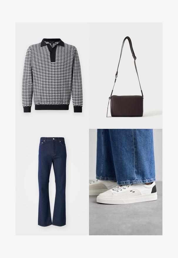 Pull-over à manches longues noir et blanc à motifs, avec un col, doté d'une patte de boutonnage et de poignets côtelés à l'ourlet et aux manches.; Jeans évasés de couleur bleu foncé en denim. Comprend cinq poches, une fermeture éclair à l'avant et un bouton métallique. Accents de couture classique.; Baskets blanches et noires avec une tige en cuir lisse, des accents texturés et une semelle épaisse blanche. Présentent un design classique à lacets.; Sac bandoulière en cuir marron foncé texturé avec une sangle réglable et un petit accent décoratif bleu sur le côté.
