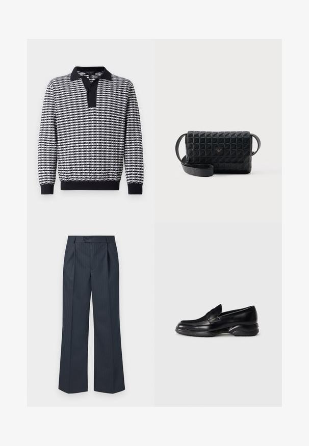 Suéter de manga larga con un patrón en blanco y negro, con cuello, un panel de botones y puños acanalados en el dobladillo y las mangas.; Pantalones de pierna ancha a rayas marinas con pliegues frontales, cierre de un botón y tela suave. Presentan rayas verticales verdes como detalle.; Mocasines de piel negra con una suela de goma texturizada y baja, y un diseño de costura en la parte superior. Presenta una punta redondeada y mínimas ornamentaciones.; Bolso bandolera negro con textura, cierre de solapa y un pequeño logo metálico en el frente, mostrado sobre un fondo liso.