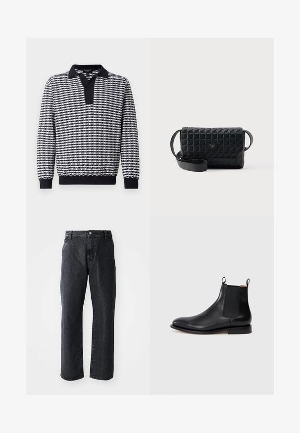 Zwart-wit gestreepte longsleeve pullover met een kraag, voorzien van een knoopsluiting en ribgebreide manchetten aan de onderkant en de mouwen.; Zwarte denim jeans met een rechte pijp, voorzien van een knoopsluiting, vijf zakken en een subtiele textuur. Klassiek ontwerp zonder opvallende patronen.; Zwarte leren Chelsea-boot met elastische zijkanten, trekstangen en een lage hak op een witte achtergrond.; Zwarte crossbodytas met een gestructureerd oppervlak, een klepsluiting en een klein metalen logo aan de voorkant, afgebeeld tegen een effen achtergrond.