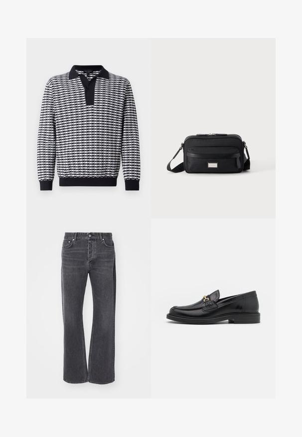 Pull-over à manches longues noir et blanc à motifs, avec un col, doté d'une patte de boutonnage et de poignets côtelés à l'ourlet et aux manches.; Jeans noirs taille haute avec un design ample et large. Fabriqués en denim, présentant un léger décoloré et des poches à l'avant et à l'arrière.; Mocassins en cuir noir avec un embout rond, présentant des accents en métal doré et des détails de couture, montés sur une semelle en caoutchouc texturé et basse.; Sac bandoulière rectangulaire noir avec poche avant zippée, sangle réglable et plaque logo rectangulaire argentée sur fond uni.