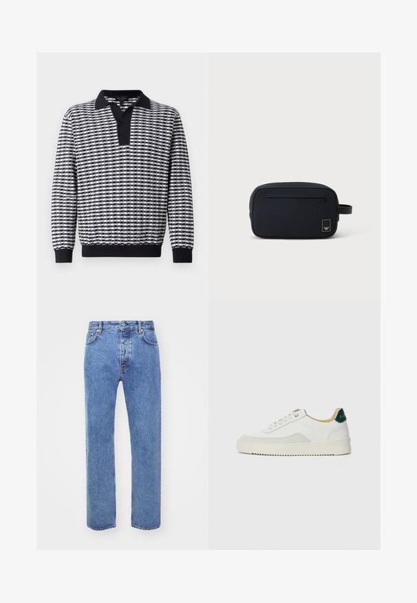 Suéter de manga larga con un patrón en blanco y negro, con cuello, un panel de botones y puños acanalados en el dobladillo y las mangas.; Won Hundred STEVE - Vaqueros boyfriend - cut blue; Zapatilla blanca con acentos de ante, puntera redondeada, cordones planos y suela de goma color crema. Presenta un logo verde en el talón.; Bolsa de aseo rectangular negra con bolsillo frontal con cremallera y pequeño parche con logo, con correa de asa lateral.