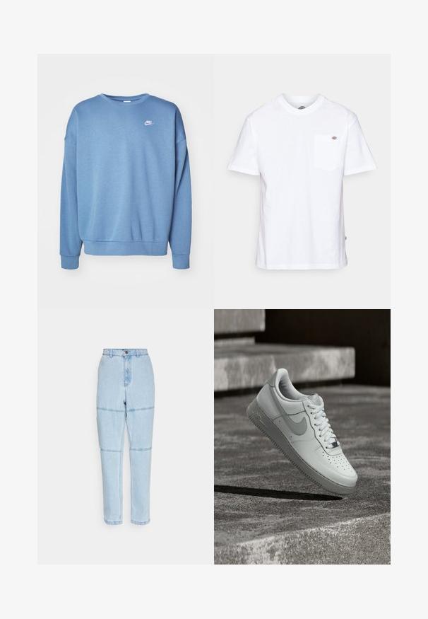Sinine dressipluus, mis on valmistatud pehmest kangast, ümmarguse kaelusega, pika varrukaga, soonikkoes mansetid ning väikese valge Nike logoga rinnal.; Valge puuvillane t-särk ümmarguse kaeluse, lühikeste varrukate ja rindade taskuga, millel on vasakul pool väike brändi logo.; Heled sinise denimi teksad kõrge vöökoht, sirged sääred ning horisontaalsed õmblusaktsendid põlvedel. Esiline nupusuletus ja taskud.; Valge Nike Air Force 1 tossujalg õhus tekstureeritud betoonpinna kohal, taustal kivist trepiastmed.
