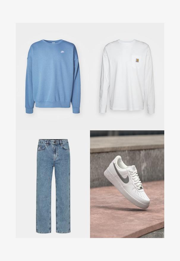 Sinine dressipluus, mis on valmistatud pehmest kangast, ümmarguse kaelusega, pika varrukaga, soonikkoes mansetid ning väikese valge Nike logoga rinnal.; Piklike valge puuvillane särk pikkade varrukatega, millel on rinnanupuga ruudukujuline logodeklee. Lihtne disain ümarate kaelaaukude ja mansettidega varrukate ning.; Hele sinine sirge jala teksapüksid, mis on valmistatud denimi kangast, oma sõlme sulgemise, viie tasku ja kontrastse õmblusega.; Valge Nike Air Force 1 toss hallika Nike logoga, hõljumas kivil pinnal ja halli kivitahvli taustal.