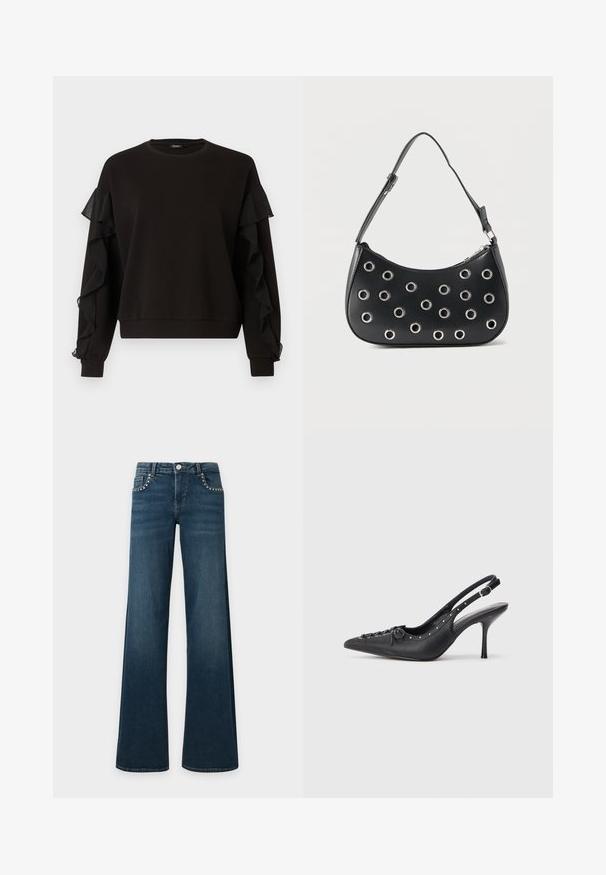 Sweatshirt noir avec des accents en tissu transparent plissé sur les manches, un col rond, et une coupe décontractée avec des poignets et un ourlet côtelés.; Jean évasé bleu foncé avec des clous argentés dessinant les poches avant, une fermeture à bouton et des passants de ceinture, posé à plat sur un fond blanc.; Escarpin en cuir noir à talon aiguille avec un bout pointu, une bride latérale à boucle, des clous le long du bord et un laçage décoratif à l'avant.; Sac d'épaule en cuir noir avec bandoulière réglable, orné d'œillets en métal argenté et fermeture éclair supérieure.