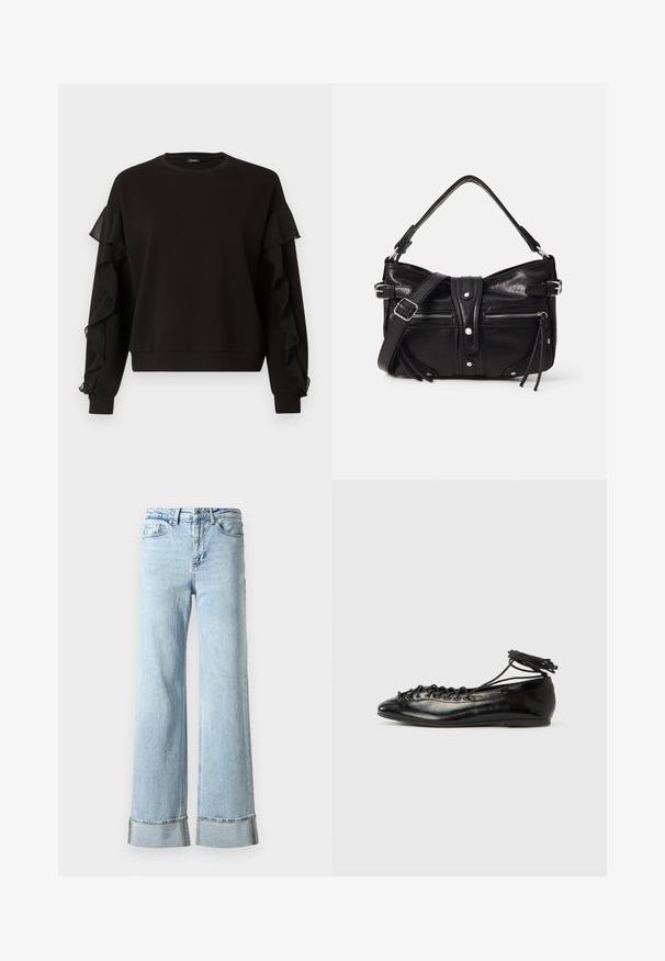 Sweatshirt noir avec des accents en tissu transparent plissé sur les manches, un col rond, et une coupe décontractée avec des poignets et un ourlet côtelés.; Jeans en denim bleu clair avec des jambes larges, des ourlets effilochés et des détails décoratifs en rhinestones aux poignets. Design standard à cinq poches.; Ballerines en cuir verni noir avec un bout rond, un design à lacets et une semelle plate. Texture lisse avec peu de détails.; Even&Odd H24462 - Sac à main - black