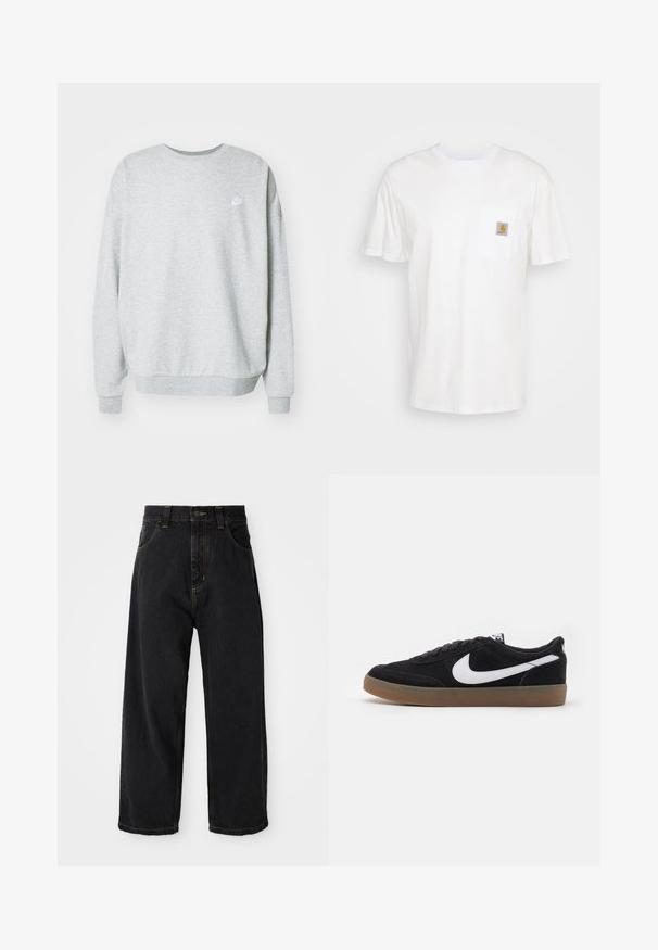 Sudadera gris hecha de una mezcla de algodón, con un cuello redondo, hombros caídos y un pequeño logo blanco en el pecho.; Camiseta de algodón blanca con mangas cortas, un bolsillo en el pecho y un pequeño parche cuadrado de logo en naranja y blanco en el bolsillo.; Jeans de denim negros de pierna ancha con cintura alta, botón frontal, cremallera y costuras amarillas en los bolsillos y costuras.; Zapatillas de skate de ante negro con el logotipo de Nike en blanco, puntera redonda y suela de goma. Presentan un diseño con cordones planos y un collar acolchado.