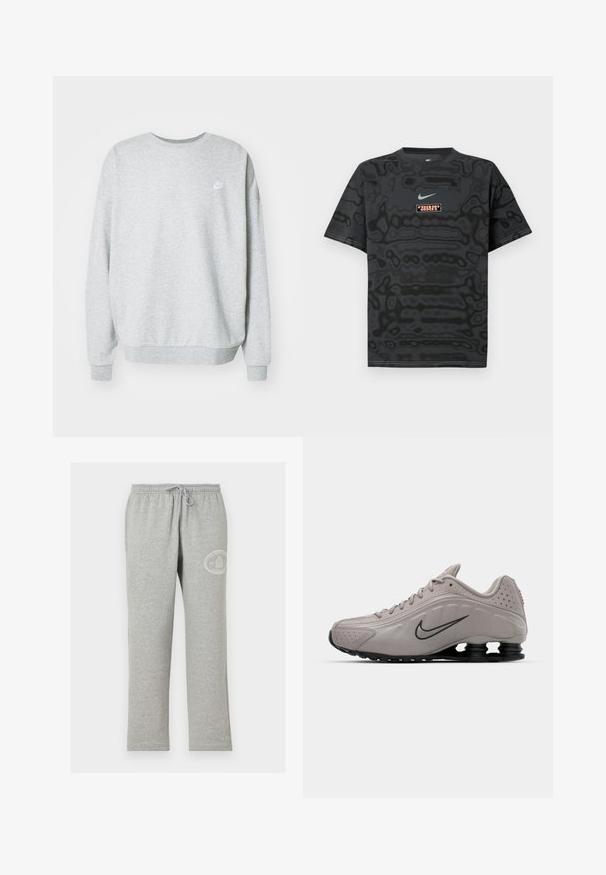 Sudadera gris hecha de una mezcla de algodón, con un cuello redondo, hombros caídos y un pequeño logo blanco en el pecho.; Camiseta negra con un patrón texturizado, que presenta un pequeño logotipo de Nike en azul claro y un parche rectangular con el logotipo en colores contrastantes.; Pantalones deportivos grises con cintura elástica y cordón, con pequeño logo circular blanco en la parte superior del muslo izquierdo.; Zapatilla deportiva de color gris claro con una parte superior moldeada, acentos texturizados, suela negra y un prominente swoosh de Nike en gris oscuro. Presenta perforaciones.