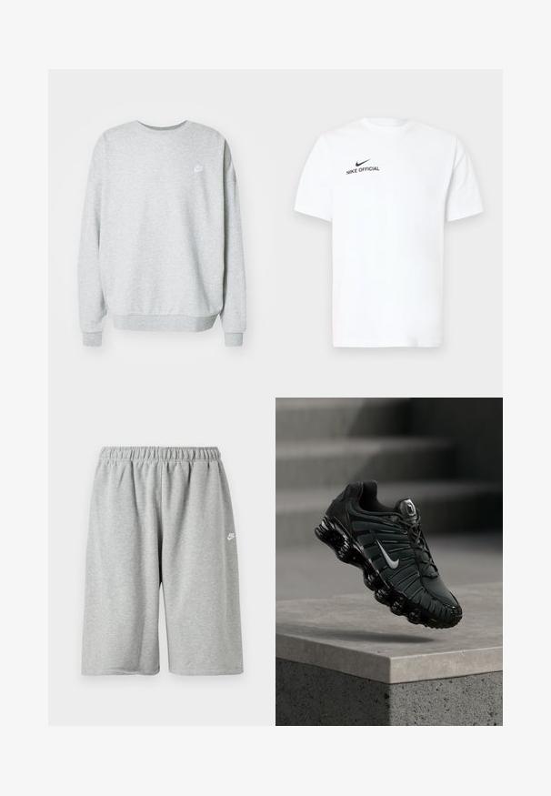 Sweatshirt gris en tissu mélangé coton, avec un col rond, des épaules tombantes et un petit logo blanc sur la poitrine.; T-shirt en coton blanc à manches courtes. Présente un logo noir "Nike Official" et un swoosh noir sur le côté gauche de la poitrine.; Shorts en coton gris avec une taille élastique, offrant une coupe ample et un petit logo blanc près de l'ourlet. Texture lisse, longueur au-dessus du genou.; Chaussure de course Nike noire et gris foncé avec logo swoosh blanc suspendue au-dessus d'un rebord en béton, avec des escaliers en arrière-plan.