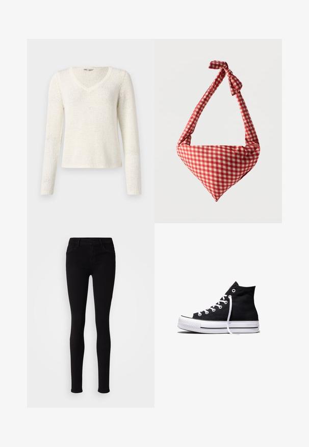 Pull à col en V, à manches longues, en tricot blanc cassé. Présente une coupe décontractée, un motif texturé et un ourlet simple. Tissu léger.; Pantalons slim fit noirs avec fermeture à bouton, passants de ceinture et poches avant, présentés sur un fond clair et uni.; Baskets montantes en toile noire avec semelle en caoutchouc blanche et lacets blancs, vues de côté sur un fond blanc.; Sac d'épaule en tissu doux à motif à carreaux rouges et blancs, poignée nouée et forme triangulaire sur un fond uni.