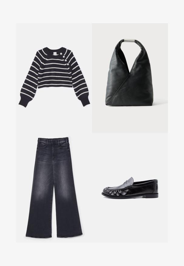 Cinq à Sept KEREN - Svetrík - navy/ivory; Mother THE HUSTLER ROLLER SNEAK - Široké nohavice - not today satan; Čierna kožená pánska mokasína s penny pásikom a detailným prešitím pozdĺž zaoblenej špičky, plochou podrážkou a nízkym podpätkom.; Čierna kožená kabelka s mäkkým trojuholníkovým tvarom a strieborným kovovým zapínaním na jednoduchom bielom pozadí.