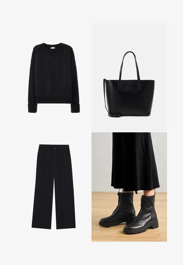 Pull en laine bleu marine foncé avec manches longues, encolure ronde et bords côtelés aux poignets et à l'ourlet. Texture douce avec une coupe décontractée.; Pantalons larges noirs en tissu lisse. Comprend des plis à l'avant, une fermeture à bouton et des poches latérales. Design simple sans motifs.; Bottines en cuir noir avec une semelle plateforme épaisse et une fermeture éclair à l'avant. Texture lisse avec un design minimaliste.; Sac à dos en cuir noir avec deux longues anses, une forme structurée, une texture lisse et une bandoulière amovible. Détail de marque subtil.