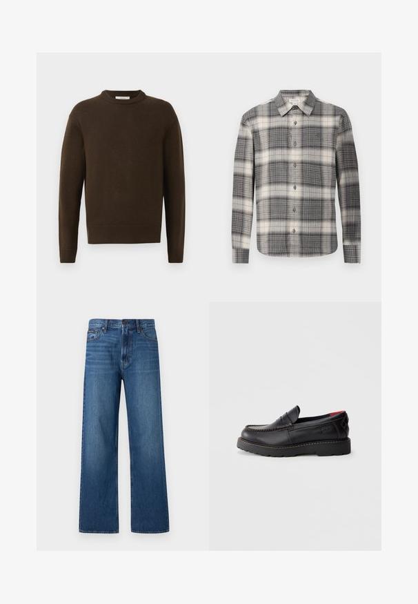 Brun strikket sweater med rund hals, lange ærmer og ribbede manchetter. Blød tekstur, glat finish og en afslappet pasform.; Langærmet ternet skjorte i sort og creme. Har knaplukning foran, klassisk krave og varierende ternede mønster. Blødt stof.; Blå, højtaljede, straight-fit jeans med knapper og lynlås foran, fem lommer og en lille mærket patch på højre lomme.; Sorte læderslippersko med mokkastoftning, gummisål og en struktureret overflade. Har subtil branding på siden.
