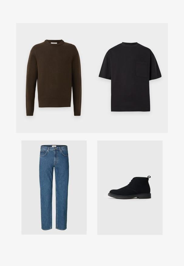 Brun strikket sweater med rund hals, lange ærmer og ribbede manchetter. Blød tekstur, glat finish og en afslappet pasform.; Sort kortærmet T-shirt lavet af bomuld. Har en rund halsudskæring og en enkelt brystlomme. Enkel, ren design uden mønstre.; Blå lige denim jeans med for- og baglommer, bælteløkker, knappelukning og synlige syningsdetaljer.; Sorte ankelstøvler i ruskind har en rund tå, snørebånd foran og en lille træksløjfe bagpå. Solid sort gummisål.