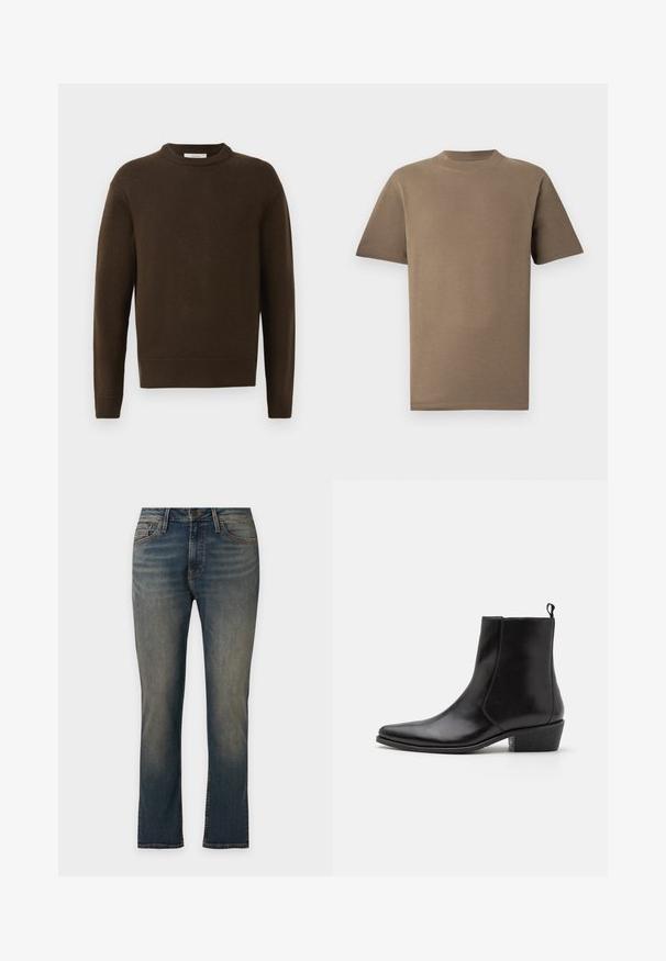 Brun strikket sweater med rund hals, lange ærmer og ribbede manchetter. Blød tekstur, glat finish og en afslappet pasform.; Brun bomuld T-shirt med korte ærmer, rund hals og lige snit. Glat tekstur, minimal syning og uden synlige logoer.; Straight-fit blå denimjeans med let falmethed på lår og knæ, forlommer, bæltestropper og knaplukning.; Zign by Zalando LEATHER - Cowboy- / bikerstøvlette - black
