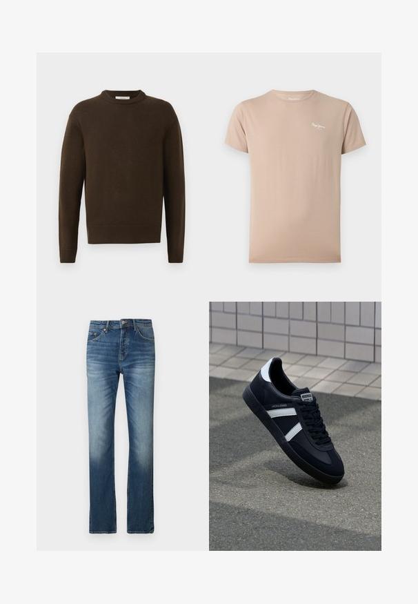 Bruine gebreide trui met een ronde hals, lange mouwen en ribgebreide manchetten. Zachte textuur, gladde afwerking en een ontspannen pasvorm.; Beige T-shirt met korte mouwen en een ronde hals met een klein wit "Pepe Jeans"-logo op de bovenste linkerborst.; Blauwe spijkerbroek met een rechte pijp. Kenmerken zijn lichte vervaging, een vijf-pocket ontwerp en een knoopsluiting aan de taille.; Zwarte leren sneaker met witte strepen, een gestructureerde rubberen zool en vetersluiting aan de voorkant. Voorzien van een merklabel op de tong.