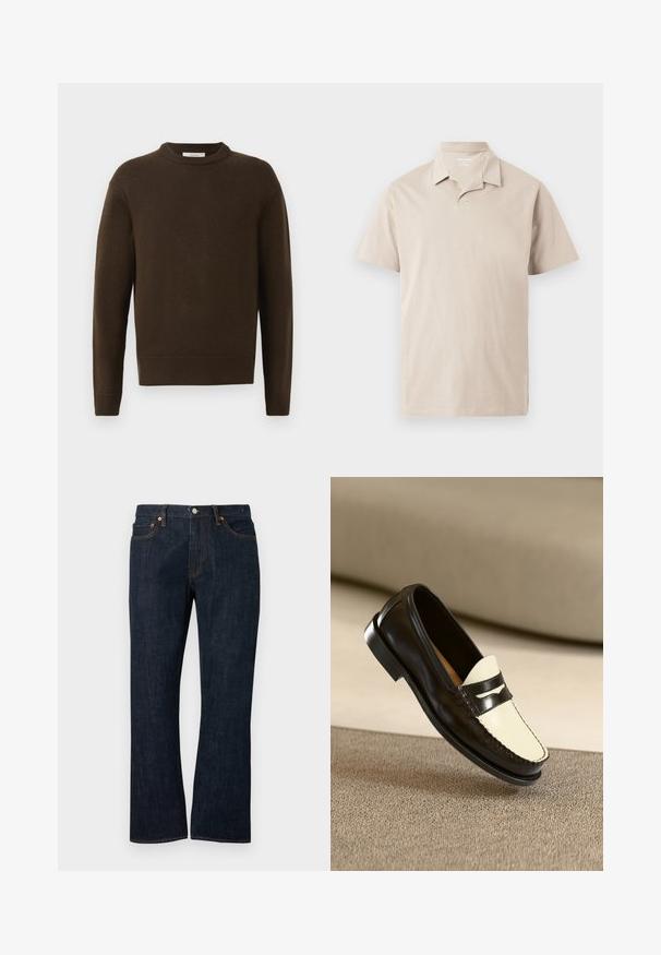 Bruine gebreide trui met een ronde hals, lange mouwen en ribgebreide manchetten. Zachte textuur, gladde afwerking en een ontspannen pasvorm.; Beige poloshirt met korte mouwen, een kraag en een deels open halslijn, weergegeven op een egale lichte achtergrond.; Donkerblauwe spijkerbroek met rechte pijpen, voorzakken, koperen klinknagels en een knoopsluiting.; Zwarte leren instapper met een crèmekleurige bovenkant en zwarte accentstrepen, kenmerkend door een lage hak en gedetailleerde stiksels langs de randen.