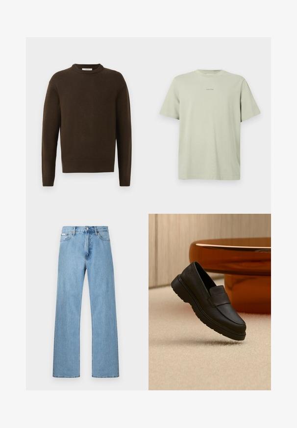 Brun strikket sweater med rund hals, lange ærmer og ribbede manchetter. Blød tekstur, glat finish og en afslappet pasform.; Lys grøn bomulds t-shirt med rund hals, korte ærmer og et lille Calvin Klein-logo i en mørkere nuance trykt på brystet.; Lyseblå straight-leg jeans i denim med fem-lomme-design og knaplukning i taljen, vist mod en ensfarvet baggrund.; Sort læderloafer med tyk sål placeret på lys tæppe foran et buet brunt glaspbord og trævægspanel.