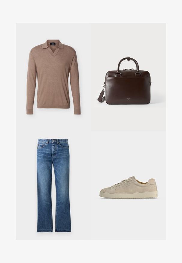 Pull en maille marron à manches longues avec col et encolure en V, fabriqué en tissu léger, avec poignets et ourlet côtelés.; Jean en denim bleu avec une coupe droite, cinq poches, fermeture par bouton et zip, et légère décoloration sur les cuisses et les genoux.; Baskets basses beiges en daim avec fermeture lacée et semelle épaisse en caoutchouc, vues de profil sur fond blanc uni.; Serviette en cuir brun foncé avec deux poignées, une bandoulière détachable et un petit logo à l'avant sur un fond uni.