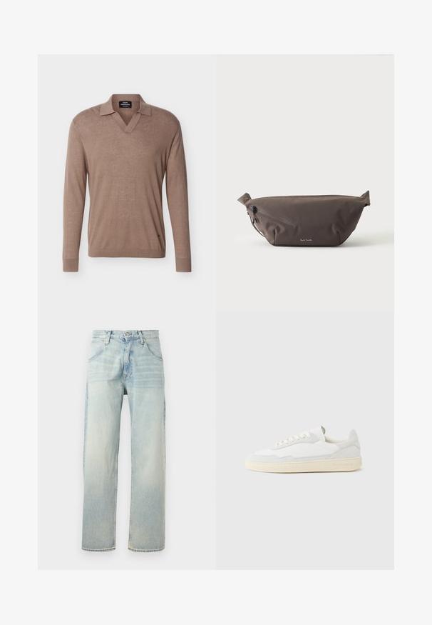 Pull en maille marron à manches longues avec col et encolure en V, fabriqué en tissu léger, avec poignets et ourlet côtelés.; Jean denim bleu clair droit avec fermeture bouton et zip, poches avant et arrière, et détails d'aspect délavé.; Baskets blanches avec dessus en daim et cuir texturé. Caractérisées par un bout arrondi, une fermeture à lacets et une semelle en caoutchouc beige contrastante.; Sac banane en tissu marron foncé avec poche zippée en diagonale et petit logo blanc sur le devant, sur un fond clair uni.