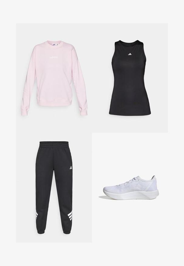 Lichtroze sweatshirt van zacht materiaal, met een ronde halslijn, lange mouwen en een wit Adidas-logo aan de voorkant.; Zwart mouwloos sporttop gemaakt van gladde stof. Heeft een ronde halslijn en een klein wit Adidas-logo op de borst.; Zwarte sweatpants met een elastische tailleband, taps toelopende benen en een wit drie-strepenontwerp aan de zijkanten. Gemaakt van zachte stof.; Witte sportieve schoen met een ademend mesh bovenwerk, vetersluiting, gevoerde kraag en een gestructureerde rubberen zool voor grip.