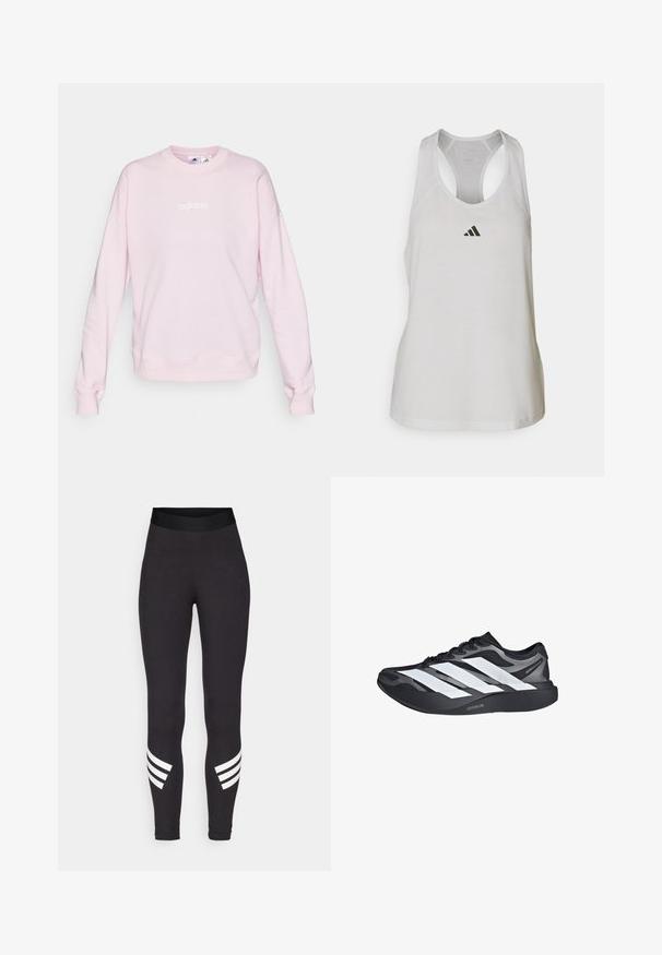 Kerge roosa sviiter, mis on valmistatud pehmest kangast, ümarate kaelustega, pikkade varrukatega ning esiküljel valge Adidas'i logo.; Valge sportlik tank-top, mis on valmistatud kergest kangast, millel on jooksjakraega disain ja väike must logo rinna kohal.; Mustad venitusmaterjalist mustad retuusid, millel on lai vöökoht ja kolm valget horisontaalset triipu alumiste jalgade lähedal.; Must ja hall jooksujalats kolme suure valge triibuga küljes ja paks must talla osa, millel kiri "Lightstrike Pro".