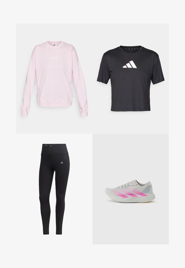 Kerge roosa sviiter, mis on valmistatud pehmest kangast, ümarate kaelustega, pikkade varrukatega ning esiküljel valge Adidas'i logo.; Mustade lühikeste varrukatega crop t-särk sileda kangaga, millel on rindkerel valge Adidas'i logo, ümmargune kaelus.; Mustad mustad koos kõrge vöökoht, nöördetail ja küljetaskud. Valmistatud siledast kangast, millel on peegeldav logoaktsent.; Helehall jooksujalanõu roosaka gradienttriipude, ümarate varvaste, tekstureeritud pealmise osa ja tasase tallaga, millel on peened aktsendid ja logod.