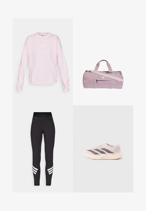 Kerge roosa sviiter, mis on valmistatud pehmest kangast, ümarate kaelustega, pikkade varrukatega ning esiküljel valge Adidas'i logo.; Mustad venitusmaterjalist mustad retuusid, millel on lai vöökoht ja kolm valget horisontaalset triipu alumiste jalgade lähedal.; Kerged sporditossud helelilla ja halli toonis, millel on võrguline pealmine osa, kolm tumedat triipu ning paks kreemjas tallaosa, millel on silt "LIGHTSTRIKE PRO".; Helelillast gansterkotti, mis on valmistatud läikivast materjalist, millel on kaks käepidet, eemaldatav õlarihm ja eesmine tõmblukuga tasku logoga.