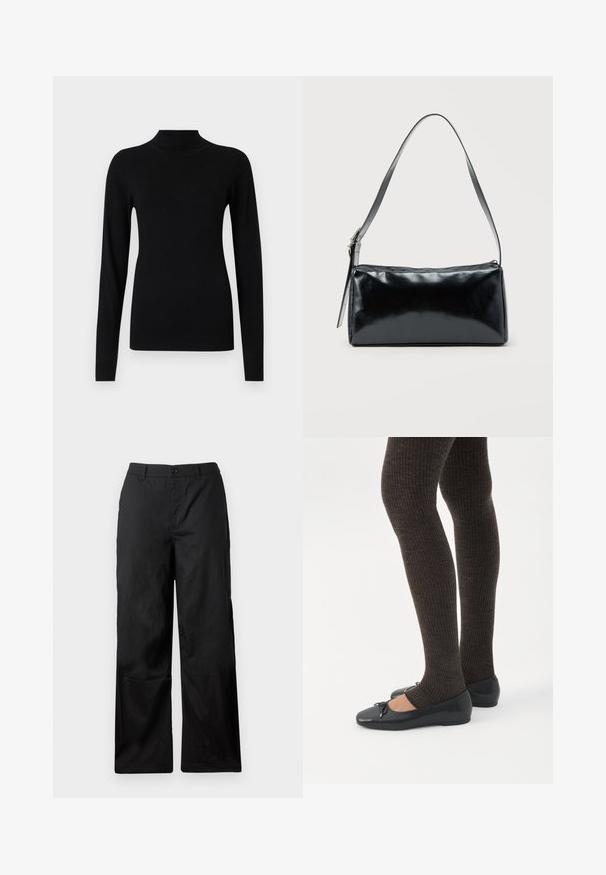 Pull noir ajusté à col roulé manches longues avec poignets et ourlet côtelés sur fond gris clair.; Pantalons noirs à jambes larges en tissu lisse. Dotés d'une fermeture à bouton et de passants de ceinture. Sans motifs ni accents visibles.; Jambes portant des leggings côtelés foncés associés à des ballerines noires avec de petits détails en nœud sur fond blanc.; Sac d'épaule rectangulaire noir avec une sangle réglable unique et une fermeture éclair supérieure sur un fond uni.