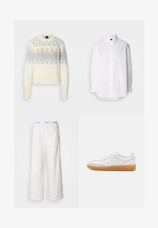 Pull en maille crème avec poignets et ourlet côtelés, présentant des motifs géométriques bleus et beiges sur la poitrine et le haut des manches.; Chemise blanche à manches longues en coton, dotée d'un col boutonné, de boutons sur le devant et d'une coupe décontractée avec des détails de couture subtils.; Pantalons larges blancs avec une taille élastique arborant un logo Calvin Klein en contraste. Fabriqués à partir d'un tissu lisse, ils offrent une coupe décontractée.; Baskets en cuir blanc avec des accents en suédine beige, semelle en caoutchouc gomme et design à lacets. Présente un logo discret en doré.