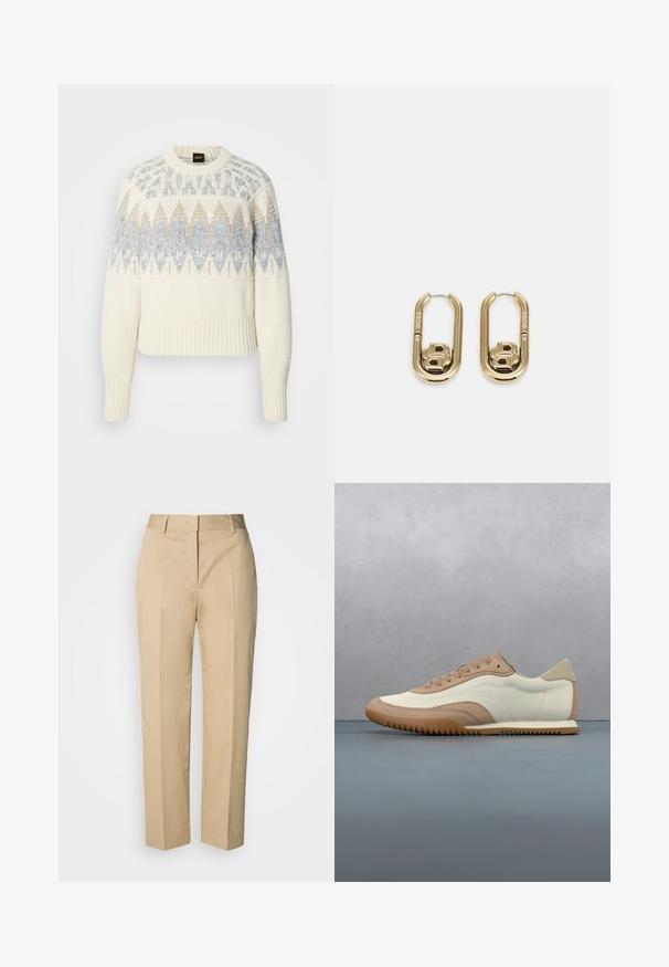 Pull en maille crème avec poignets et ourlet côtelés, présentant des motifs géométriques bleus et beiges sur la poitrine et le haut des manches.; Pantalon beige à jambe droite avec passants pour ceinture, pli avant et fermeture dissimulée, présenté sur un fond clair.; Baskets crème et beige avec une tige texturée, des lacets et une semelle en caoutchouc, présentées au-dessus d'une surface en bois avec des cailloux.; BOSS DOUBLE B SWING - Boucles d'oreilles - gold-coloured