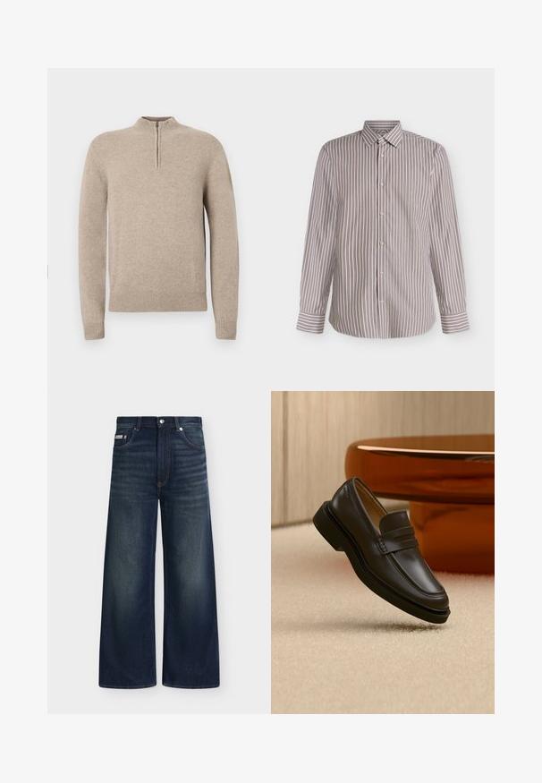 Pull-over en tricot beige avec un col à zip mi-hauteur, des poignets et un ourlet côtelés. Texture lisse avec une silhouette ajustée.; Chemise à manches longues boutonnée avec un col pointu, présentant des rayures verticales marron et blanches sur un fond clair.; Jean en denim bleu foncé à jambes larges avec poches avant, passants de ceinture, fermeture par boutons et légère décoloration sur les cuisses et les genoux.; Mocassin en cuir noir flottant au-dessus d'un tapis beige avec des meubles arrondis marron en arrière-plan.
