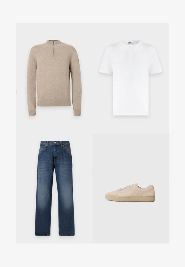 Pull-over en tricot beige avec un col à zip mi-hauteur, des poignets et un ourlet côtelés. Texture lisse avec une silhouette ajustée.; T-shirt blanc à manches courtes et col rond avec texture côtelée et une petite étiquette au cou portant l'inscription "DRYKORN" sur un fond clair uni.; Jean droit bleu foncé avec fermeture avant à boutons et fermeture éclair, poches avant, et détails légèrement décolorés sur les cuisses.; Baskets en daim beige avec un bout rond, des lacets plats et une semelle en caoutchouc texturé. Design minimaliste avec des bords lisses et des coutures discrètes.