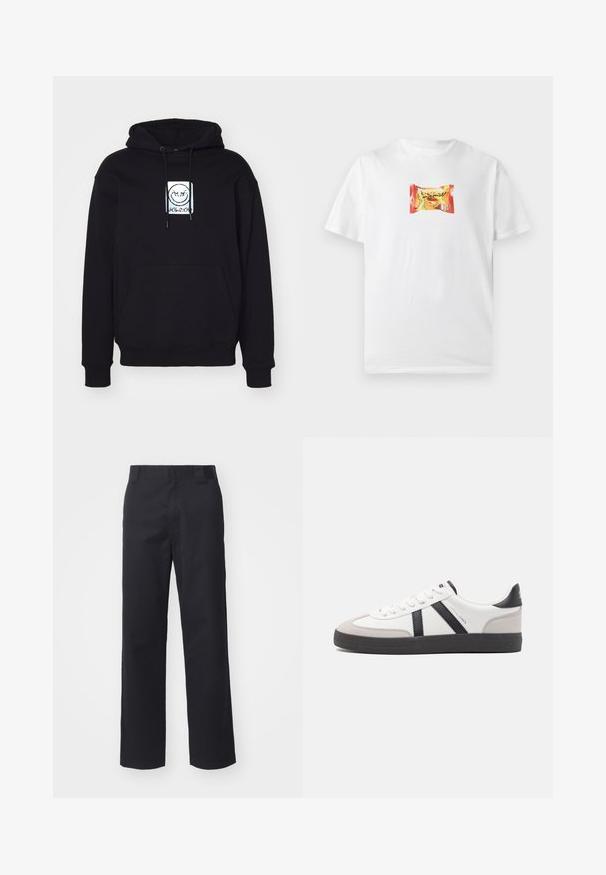 Hoodie noir en tissu doux, avec un graphisme centré représentant un visage souriant. Il est équipé d'une poche avant et d'une capuche réglable avec cordon.; T-shirt blanc à manches courtes avec un petit graphisme coloré d’un paquet de snack avec un texte en gras et des petits pois verts au centre de la poitrine.; Pantalons droits noirs en tissu en mélange de coton. Présentent une taille plate avec passants de ceinture et sans matériel ou embellissements visibles.; Baskets blanches avec des accents noirs et gris, présentant un embout texturé gris, une semelle en caoutchouc noir et des lacets plats blancs. Design épuré, style minimaliste.