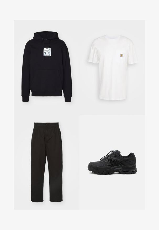 Hoodie noir en tissu doux, avec un graphisme centré représentant un visage souriant. Il est équipé d'une poche avant et d'une capuche réglable avec cordon.; T-shirt en coton blanc à manches courtes, avec une poche poitrine et un petit patch logo carré en orange et blanc sur la poche.; Pantalons noirs en tissu lisse, dotés d'une fermeture à bouton, d'une coupe droite et de deux plis à l'avant pour un détail supplémentaire.; Baskets de sport noires avec tissu texturé, semelle épaisse et rembourrée, aérations et fermeture à lacets, vues de profil sur fond clair.