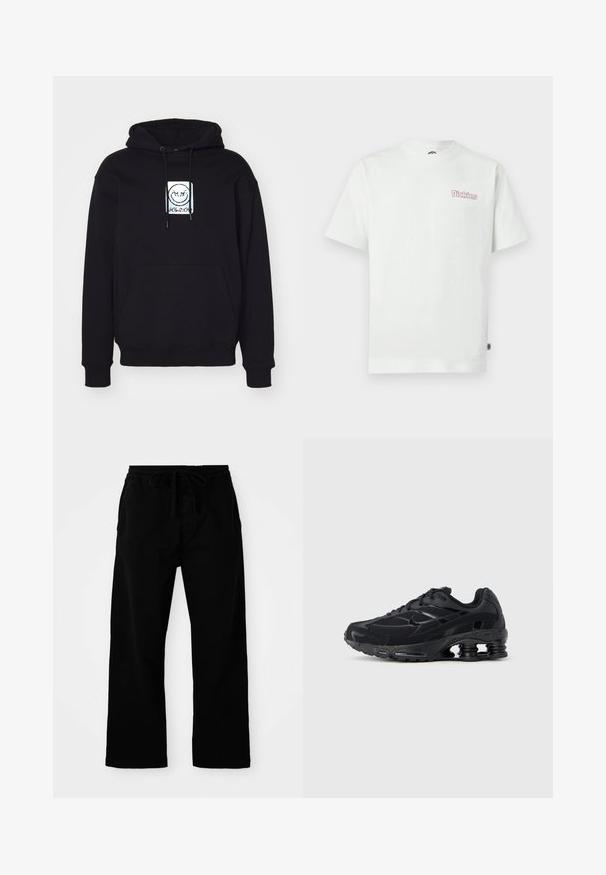Zwarte hoodie van zachte stof, met een centraal grafisch ontwerp van een glimlachend gezicht. Het heeft een voorzak en een verstelbare trekkoordkap.; Wit katoenen T-shirt met korte mouwen, een ronde hals en een roze logo "Dickies" op de linkerborst. Gladde textuur.; Zwarte broek met elastische tailleband en verstelbaar trekkoord, met wijde pijpen en een gladde katoentextuur. Geen zichtbare patronen of hardwaredetails.; Zwarte sportieve schoen met een bovenwerk van mesh, een gevoerde kraag en opvallende dempingstechnologie bij de hiel. Heeft gestructureerde accenten en veters.